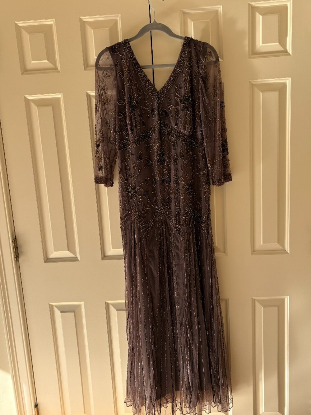 Pisarro Nights Gray Gown Gold Charcoal Beads & Sequins w/ Flaws  Sz 14W